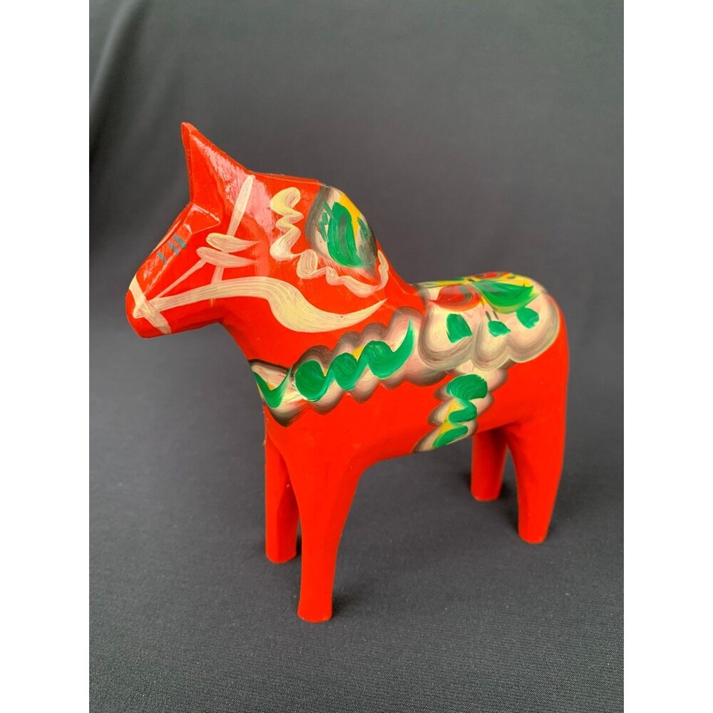 Vintage Swedish Dala Horse Wood Carving Red-Orange Nils Olsson Sweden 5 1/8”